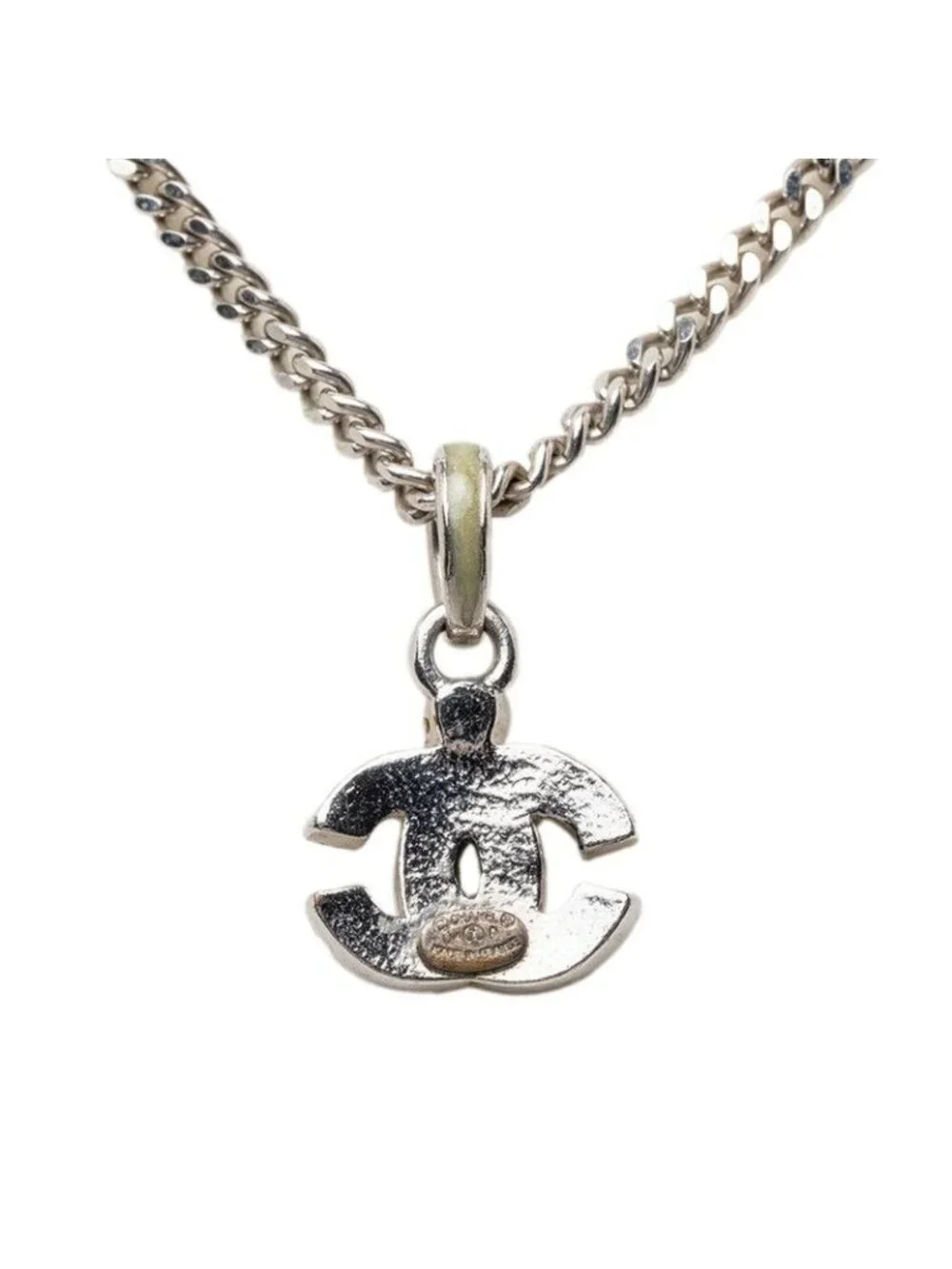 Chanel CC Logo Pendant Silver Green Metal Rhinestone